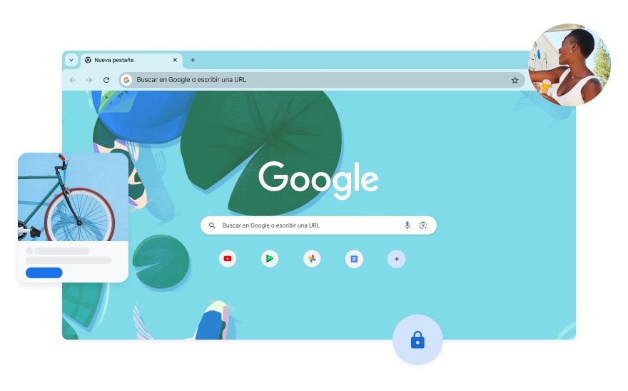 El fondo de la página de búsqueda de Google muestra una ilustración azul de un pez en un estanque koi. Se muestra una foto de una mujer en una esquina.