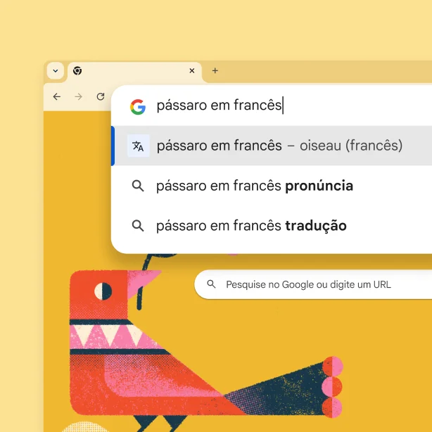 A página da Pesquisa Google com a imagem de um pássaro, uma pesquisa por 'pássaro em francês' e o resultado 'oiseau'