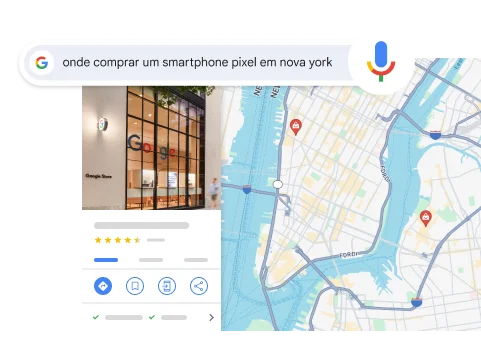 Uma pesquisa por voz sobre 'Onde posso comprar um smartphone Pixel em Nova York' mostra um resultado de uma Google Store em Nova York.